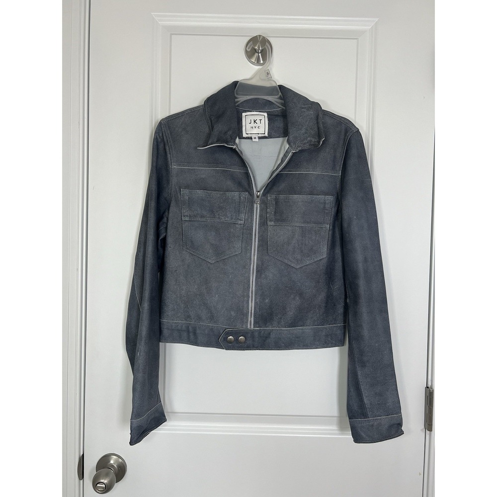 JKT NYC Women's Patina 100% Leather Grey Jacket Size Medium Cropped Biker Moto‎